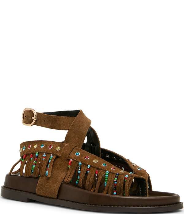 スティーブ マデン レディース シューズ サンダル スエード アンクル フリンジ Steve Madden Wendell Suede Beaded Fringe Ankle Wrap Sandals Chestnut