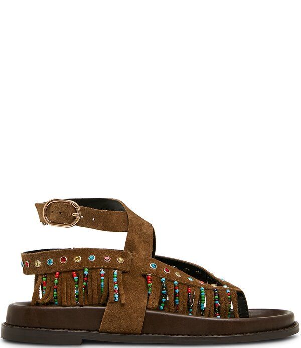 スティーブ マデン レディース シューズ サンダル スエード アンクル フリンジ Steve Madden Wendell Suede Beaded Fringe Ankle Wrap Sandals Chestnut