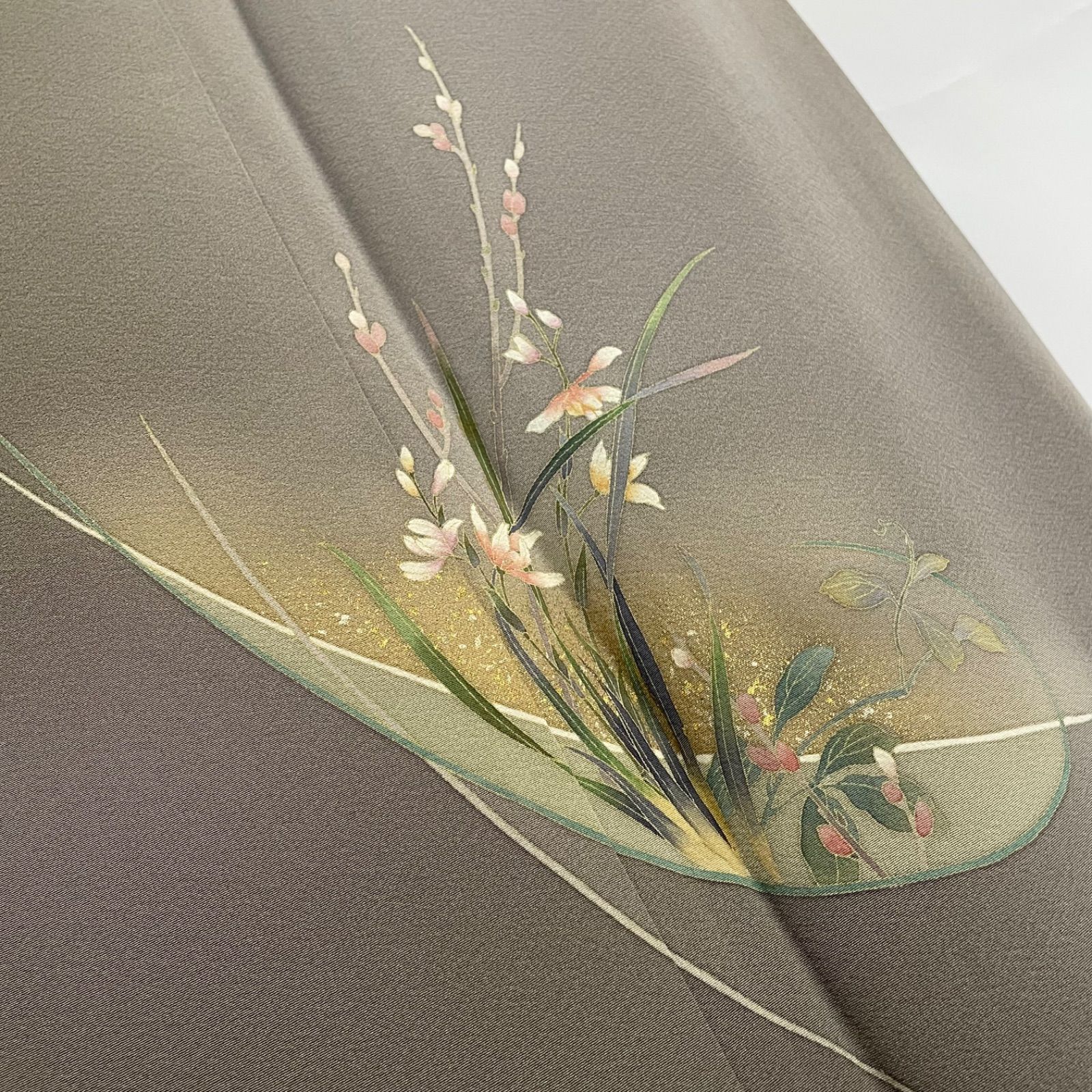 J869 付け下げ 手描き友禅 金彩加工 丹後ちりめん 草花 正絹 身丈163cm