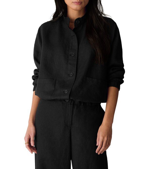 エイリーンフィッシャー レディース アウター コート リネン ジャケット Eileen Fisher Organic Linen Stand Collar Long Sleeve Cinched Jacket Black ブラック