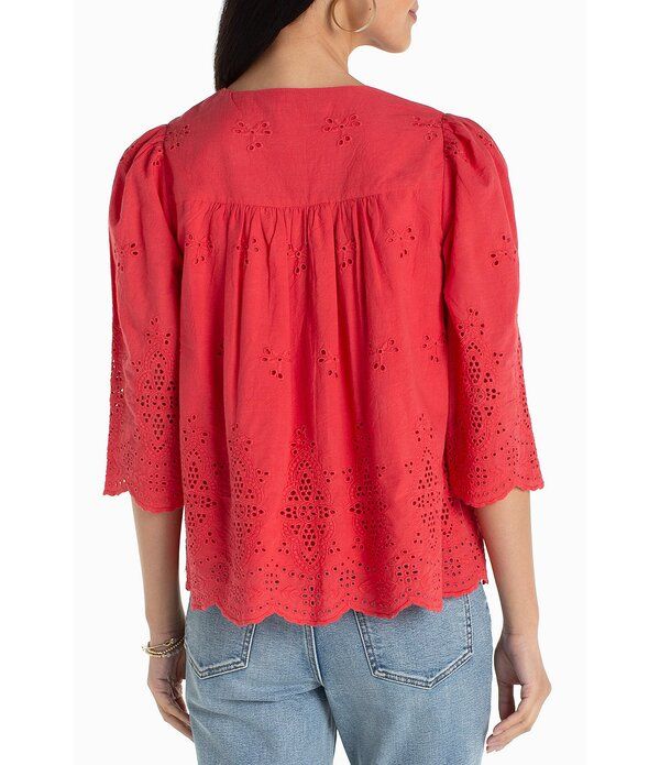 リヴァプール ロサンゼルス レディース トップス シャツ Vネック プチ コットン 刺繍 Liverpoolos Angeles Petite Size Cotton Embroidered Eyelet VNeck 34 Sleeve Scallop Edg