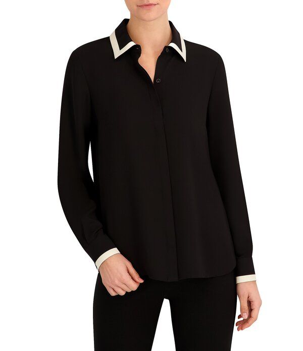 アンクライン レディース トップス シャツ クレープ コントラスト Anne Klein Contrastrim Point Collar Long Sleeve Crepe De Chine Button Frontop Anne Black ブラック