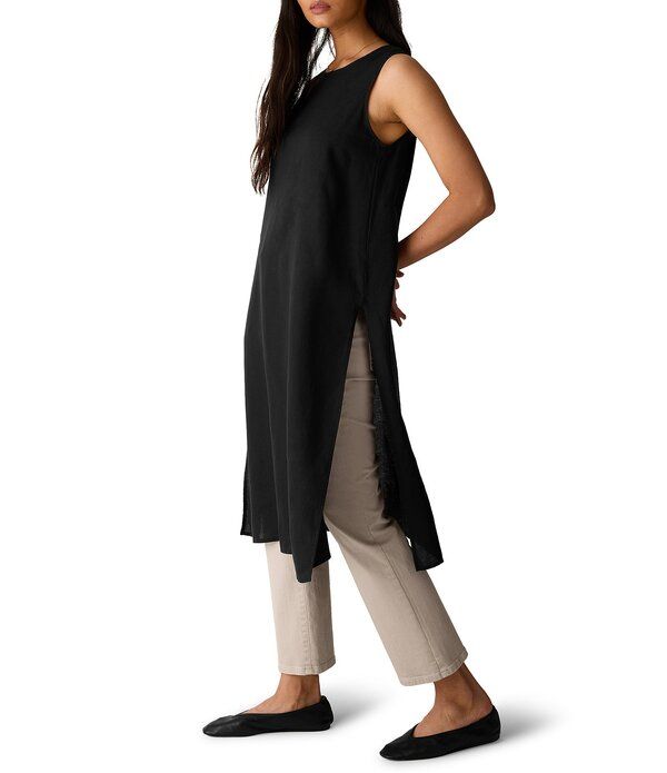 エイリーンフィッシャー レディース トップス シャツ サイドスリット ノースリーブ リネン Eileen Fisher Organic Linen Round Neck Sleevelesside Slitunic Black ブラック