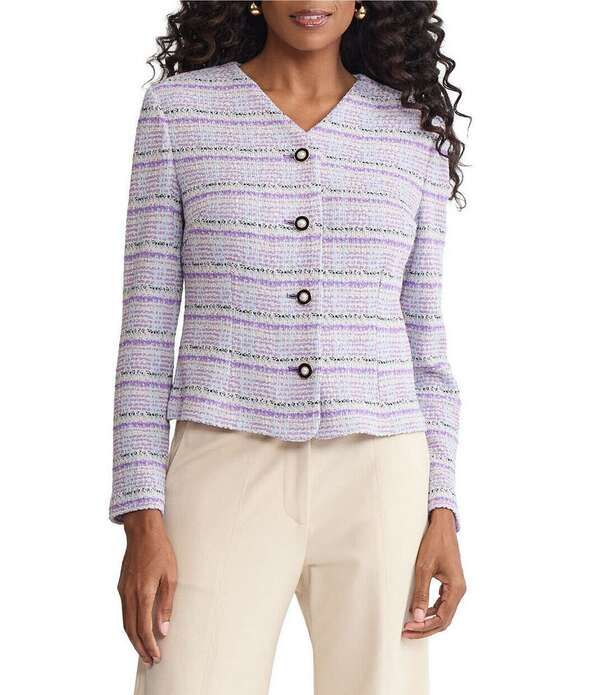 ミソック レディース アウター コート Vネック ツイード ニット ジャケット MISOOK Plaid Tweed Knit VNeck Long Sleeve Button Front Jacket BiscottiWhiteTranquil Blue ホ
