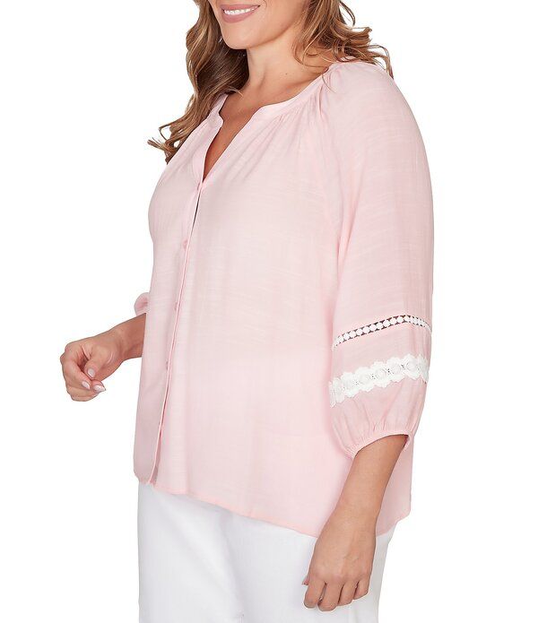ルビーアールディー レディース トップス シャツ Vネック レーストリム プラスサイズ シルク ブラウス レース Ruby Rd Plusize Silky Gauze Woven Split VNeck 34 Sleeve Lace Trim ButtonF