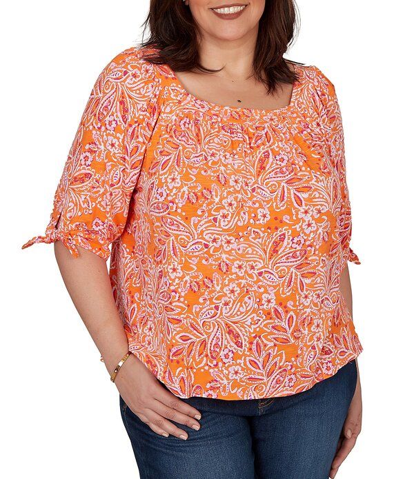 ルビーアールディー レディース トップス シャツ プラスサイズ ニット Ruby Rd Plusize Paisley Square Neck 34 Sleeve Knitop Mandarin Multi マルチカラー