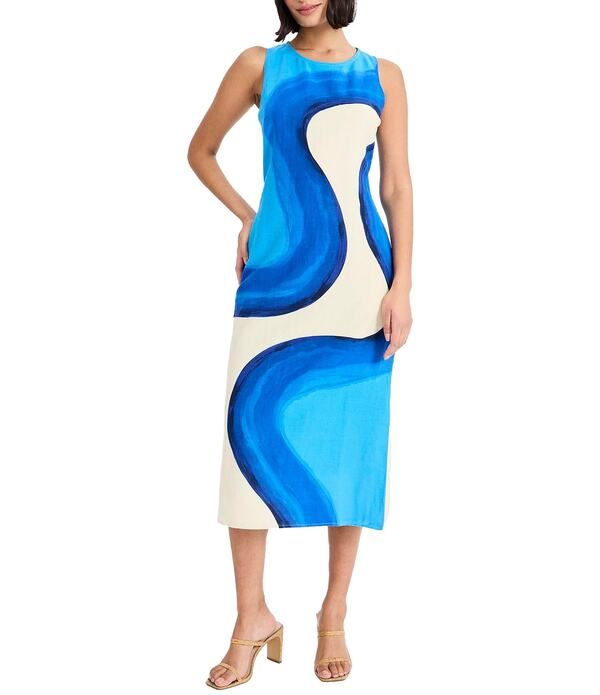 ドナモーガン レディース トップス ワンピース ミディ ノースリーブ リネン Donna Morgan Abstract Design Sleeveless Linen Midi Dress CreamBlue クリーム