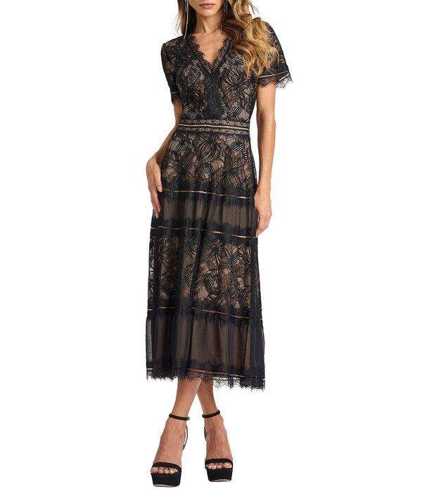 タダシショージ レディース トップス ワンピース Vネック ミディ 刺繍 レース Tadashi Shoji Short Sleeve V Neck Embroidered Lace Midi Dress BlackNude ブラック