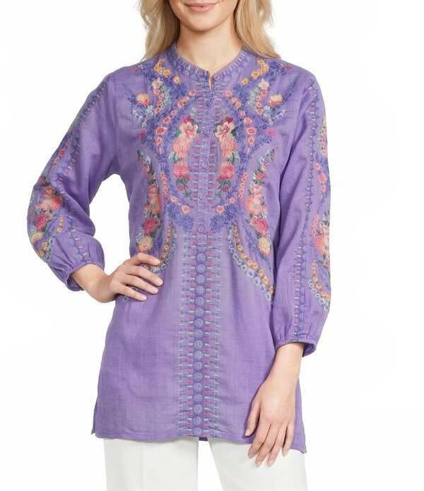 ジョニーワズ レディース トップス シャツ フラワー柄 ヘンリーネック フラワー JOHNNY WAS Bahari Floral Embordered Henley Neck Long Sleeve Tunic Paisley Purple パープル