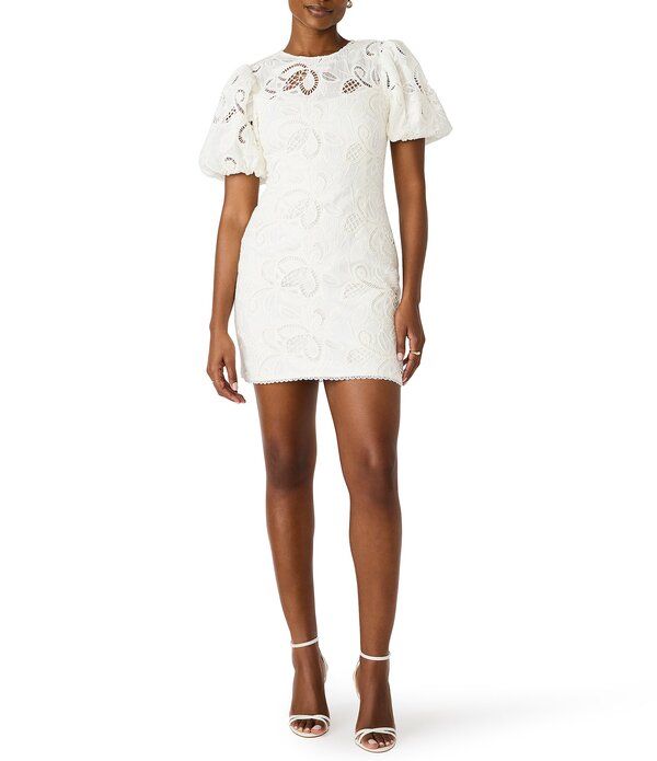 スティーブ マデン レディース トップス ワンピース クルーネック ミニ レース Steve Madden Elly Woven Lace Crew Neck Short Puff Sleeve Sheath Mini Dress Antique
