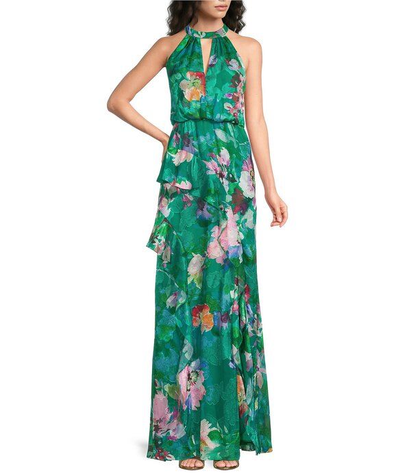 アドリアナ パペル レディース トップス ワンピース シフォン フラワー柄 プチ プリント フラワー ホルター Adrianna Papell Petite Size Halter Neckeyhole Floral Print Chiffon Longown