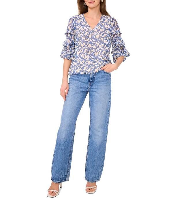 ヴィンスカムート レディース トップス シャツ Vネック フラワー柄 プリント ブラウス フラワー Vince Camuto Woven Floral Print VNeck 34 Lantern Sleeve Blouse Deep River