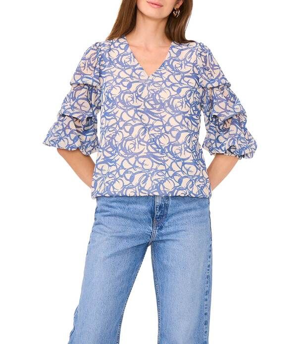 ヴィンスカムート レディース トップス シャツ Vネック フラワー柄 プリント ブラウス フラワー Vince Camuto Woven Floral Print VNeck 34 Lantern Sleeve Blouse Deep River