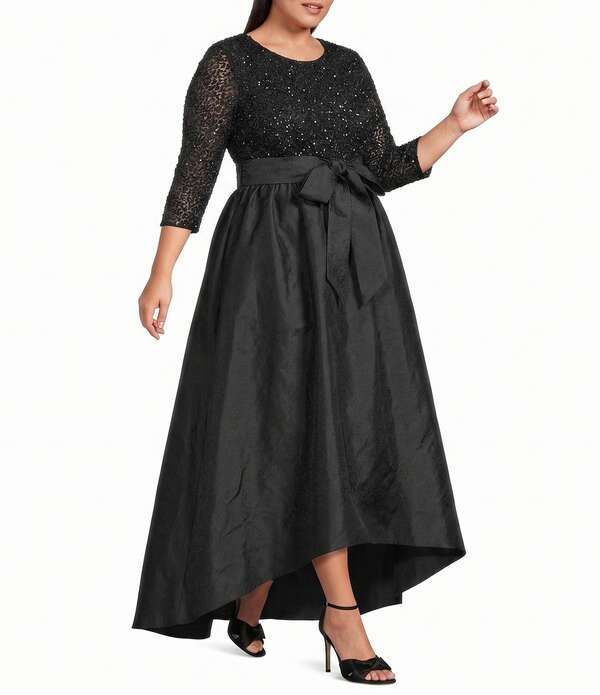 ピサッロナイツ レディース トップス ワンピース プラスサイズ メッシュ Pisarro Nights Plusize Beaded Mesh Boat Neck 34 Sleeve Taffeta Gown Black ブラック
