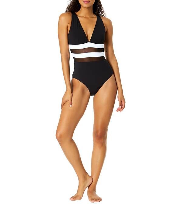 アンコール レディース トップス ワンピース Vネック メッシュ カラーブロック Anne Cole Gabor Mesh Colorblock Plunge VNeck One Piece Swimsuit BlackWhite ホワイト