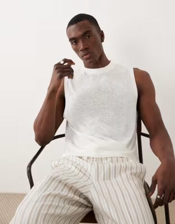 エイソス メンズ トップス ベスト レギュラーフィット リネン ASOS DESIGN boxy linen look regular fitank in cream Coconut milk クリーム
