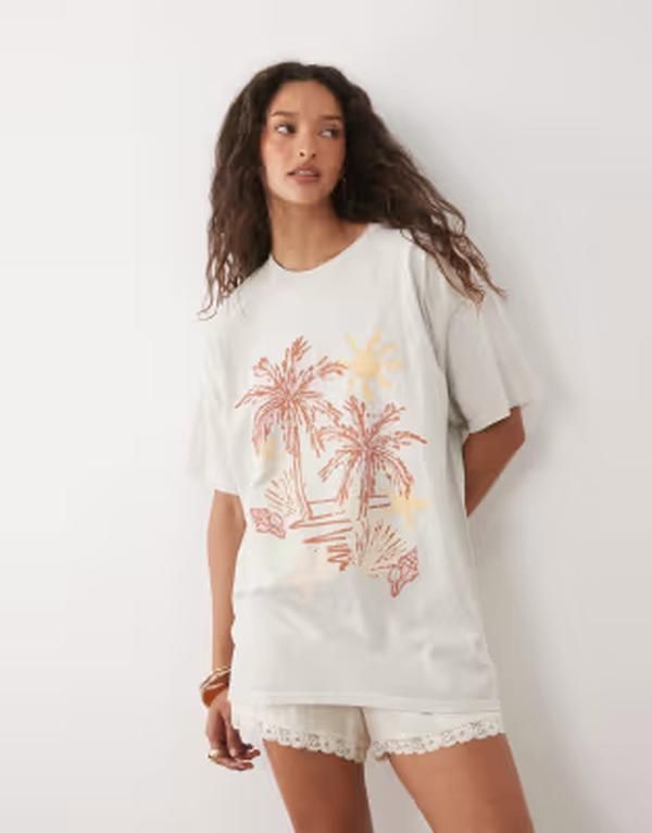 ミスセルフフリッジ レディース トップス Tシャツ プリント Misselfridge oversized Tshirt with seaside print in ecru エクリュ