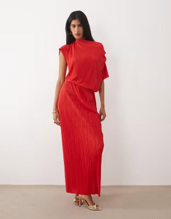 エイソス レディース トップス ワンピース ドレープ ミディ ASOS DESIGN plisse draped waist midi dress Red レッド
