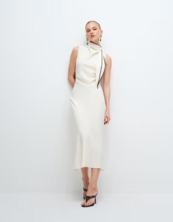 マンゴ レディース トップス ワンピース ノースリーブ Mango sleeveless midaxi dress with tie neck in pastel yellow Pastel yelow イエロー