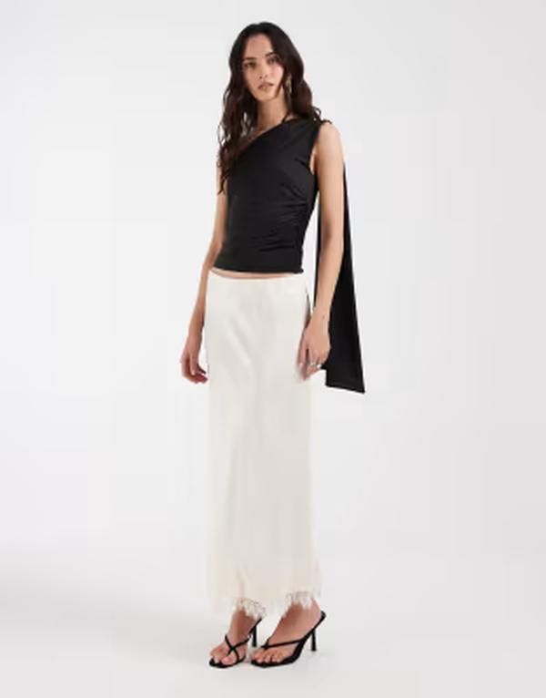 オブジェクト レディース ボトムスカート レーストリム サテン レース マキシ Object satin maxi skirt with lace trim Cloudancer ホワイト