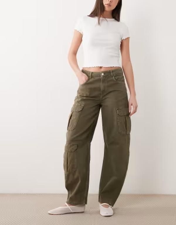 マンゴ レディース ボトムス デニムパンツ コットン ジーンズ Mango Dilly 100 cotton utility barreleg jeans Khaki カーキ