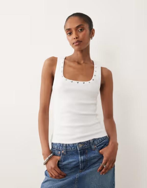 エイソス レディース トップス ベスト ASOS DESIGN stud trim racer tank top WHITE ホワイト