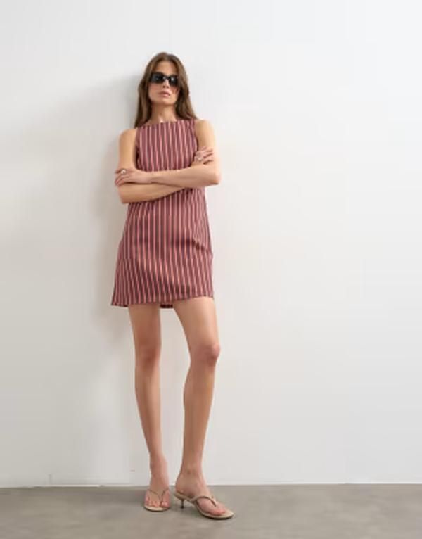 トップショップ レディース トップス ワンピース ミニ デニム Topshop denim shift mini dress red and pink stripes RED AND PINK STRIPES レッド