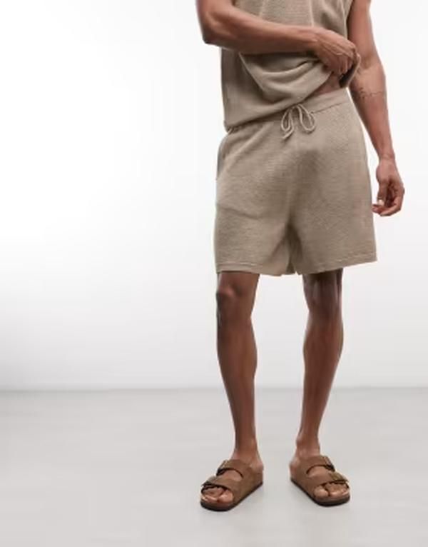 エイソス メンズ ボトムス ハーフパンツ・ショーツ メッシュ ショートパンツ ニット ASOS DESIGN knit meshorts in stone part of a set STONE ストーン