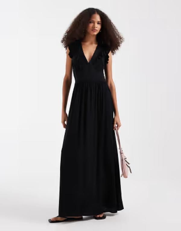 ヴェロモーダ レディース トップス ワンピース フリル ミディ Vero Moda Easy Joy ruffle shoulder plunge front midi dress Black ブラック