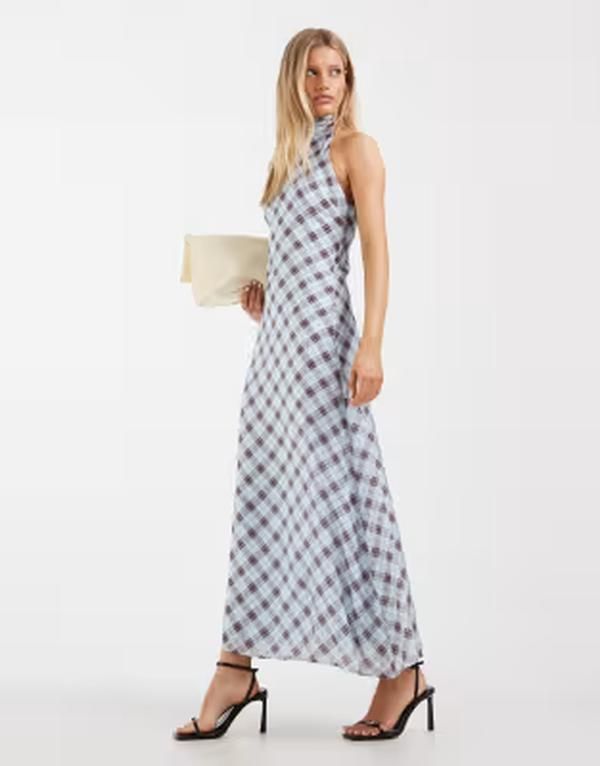 エイソス レディース トップス ワンピース シフォン マキシ ホルター ASOS DESIGN chiffon highalter neck maxi dress plaid BLUE ブルー
