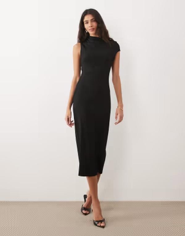 マンゴ レディース トップス ワンピース アシンメトリー ミディ Mango asymmetric short sleeve midi dress Black ブラック