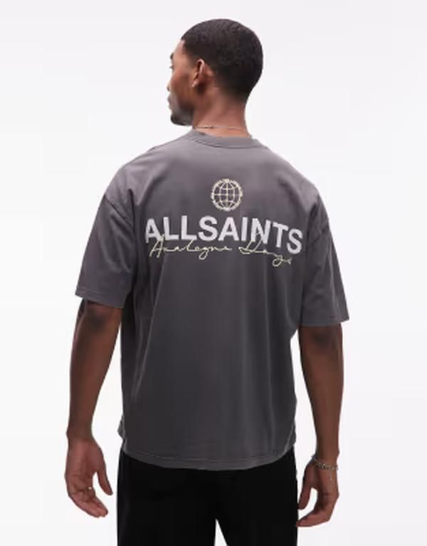 オールセインツ メンズ トップス Tシャツ プリント ロゴ AllSaints Emblem logo tshirt with back and chest prints in washed black ブラック