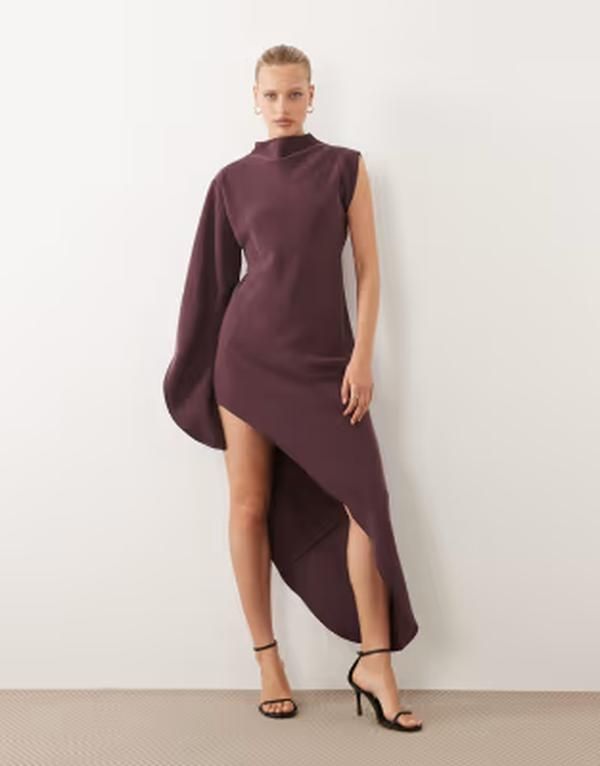 エイソス レディース トップス ワンピース アシンメトリー ハイネック マキシ ASOS DESIGN one sleeve high neck maxi dress with asymmetric hem Brown ブラウン