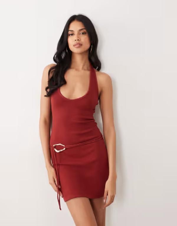 エイソス レディース トップス ワンピース ミニ ホルター ASOS DESIGN molten trim halter neck mini dress in rust ラスト