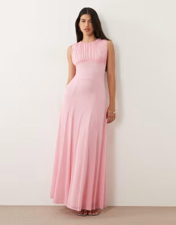 エイソス レディース トップス ワンピース メッシュ マキシ ASOS DESIGN mesh gatheredetail maxi dress in baby pink ピンク