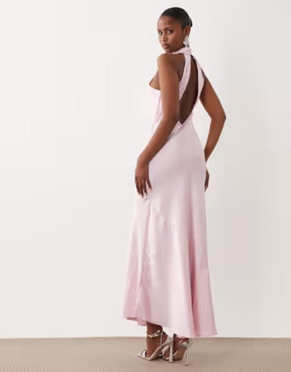 ヴィラ レディース トップス ワンピース 背中開き サテン マキシ ホルター VILA halter neck backlessatin maxi dress in cherry blossom Cherry Blossom ピンク