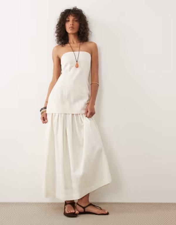エイソス レディース トップス ワンピース フリル裾 フリル Tシャツ コットン マキシ ASOS DESIGN cotton sateen bandeau maxi sundress with dropped waist ruffle hem White ホ
