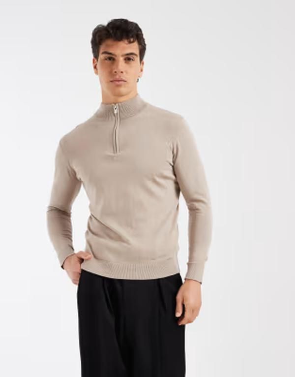 カポ メンズ アウター ニット・セーター ハーフジップ コットン CAPO egyptian cotton quarter zip sweater in oatmeal オートミール