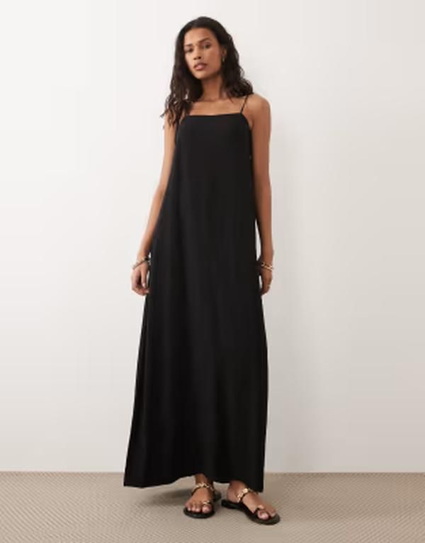 エイソス レディース トップス ワンピース リネン マキシ ASOS DESIGN linen blend trapeze maxi dress Black ブラック