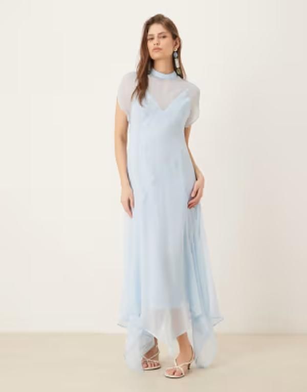 エイソス レディース トップス ワンピース シフォン ハイネック マキシ ASOS DESIGN high neck handkerchief hem chiffon maxi dress in soft Blue ブルー