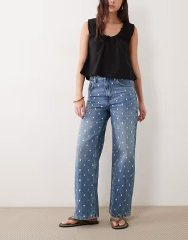 マンゴ レディース ボトムス デニムパンツ ストレート ドット コットン ジーンズ Mango Lunares 100 cotton straight leg polkadot jeans in mid BLUE ブルー