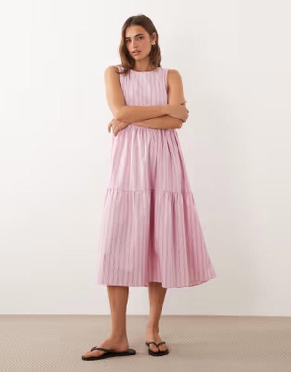 ジェイディーワイ レディース トップス ワンピース ティアード ミディ JDY tiered midi dresstripes PINK ピンク