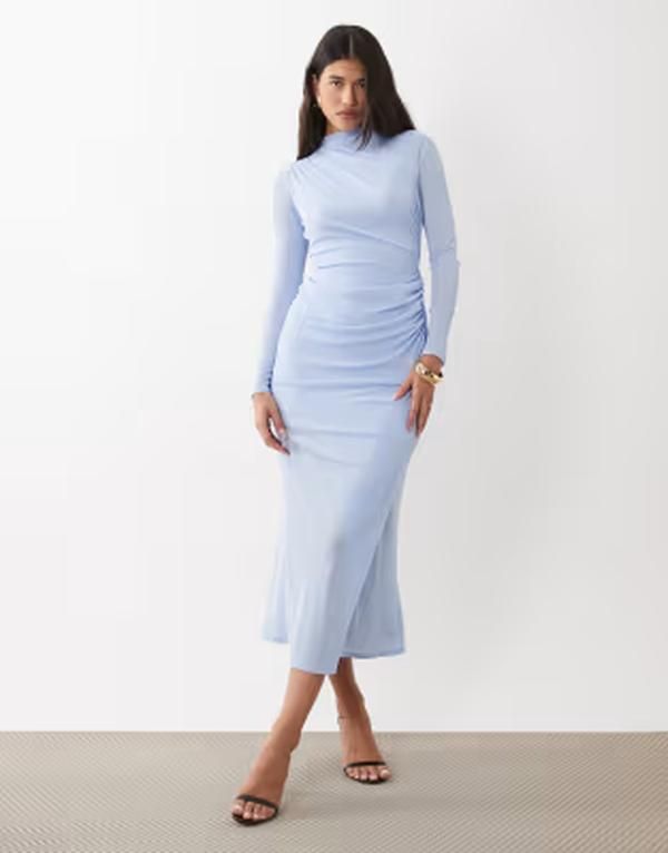 エイソス レディース トップス ワンピース ハイネック ギャザー メッシュ ミディ ASOS DESIGN ruched meshigh neck long sleeve midi dress in light Blue ブルー
