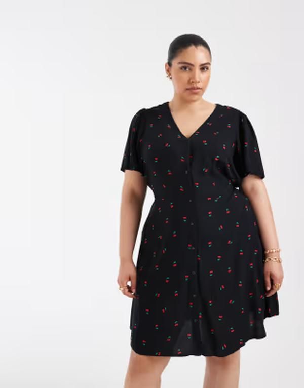 ヴェロモーダ レディース トップス ワンピース プリント ミニ Vero Moda Curve button up mini skater dress with cherry print Black Cherries ブラック