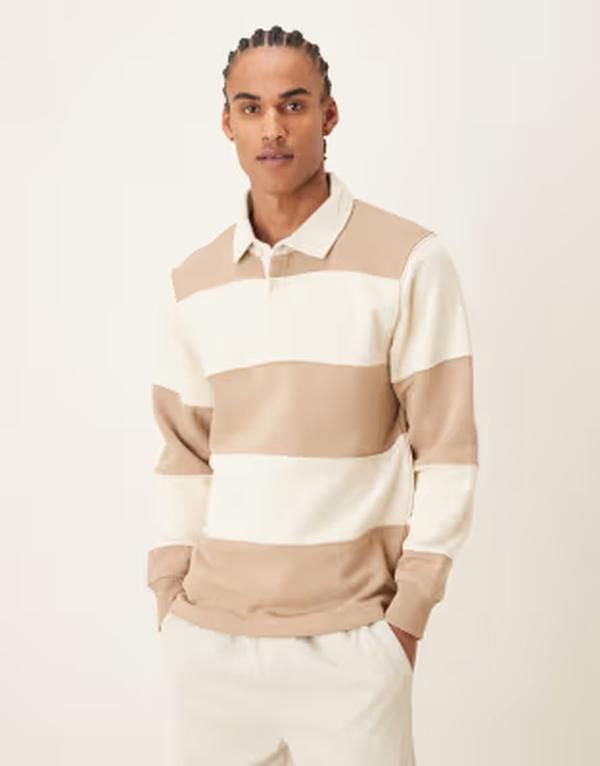 マンゴ メンズ アウター パーカー・スウェット シャツ コットン Mango cotton mix rugby sweatshirt and white stripe BROWN ブラウン