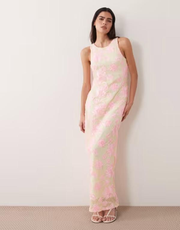 ヴィラ レディース トップス ワンピース フラワー柄 刺繍 マキシ フラワー VILA floral embroidered maxi dress in pastel yellow and Pastel Yellow イエロー