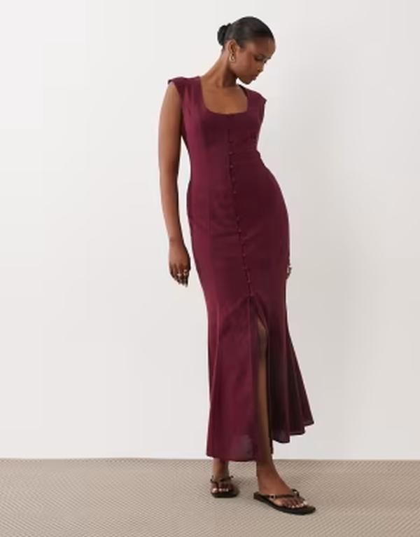 エイソス レディース トップス ワンピース ボタンダウン ミディ ダウン ASOS DESIGN square neck button down midi sundress Burgundy バーガンディ