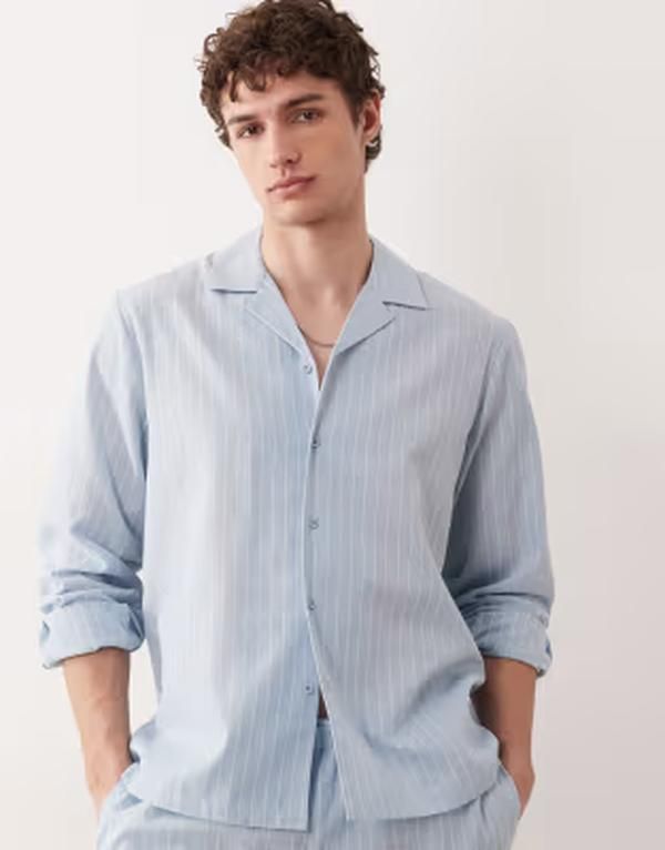 サウスビーチ メンズ トップス シャツ South Beach long sleeve shirt stripes Blue stripe ブルー