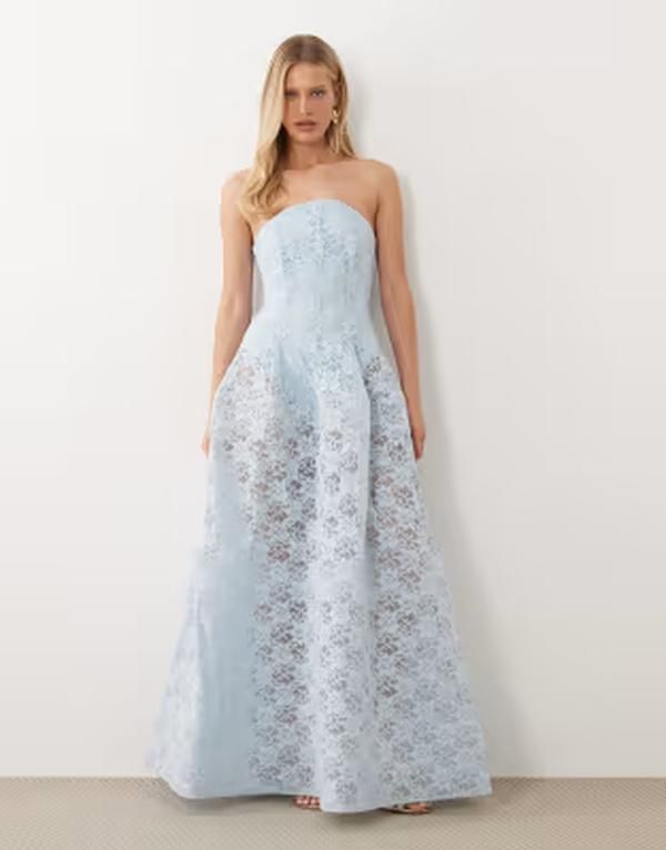 エイソス レディース トップス ワンピースカート レース マキシ ASOS DESIGN Premium bandeau lace maxi dress with full structured skirt in light Blue ブルー