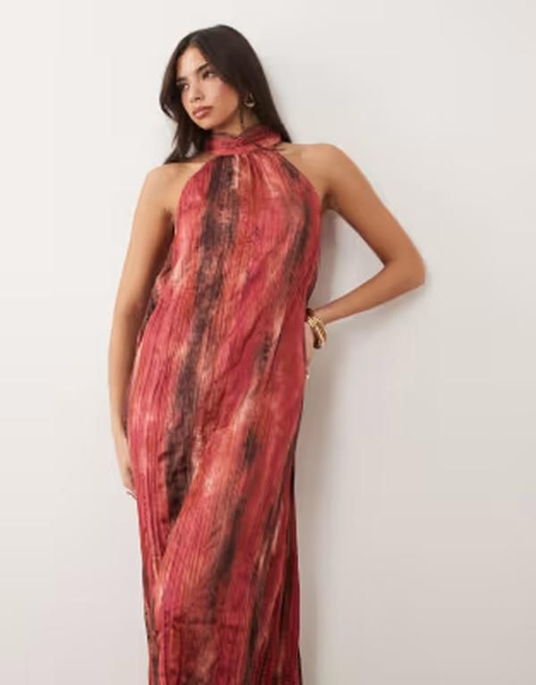 ヴィラ レディース トップス ワンピース クレープリント マキシ ホルター VILA halter neck crepe maxi dress blur print Holly berry ピンク